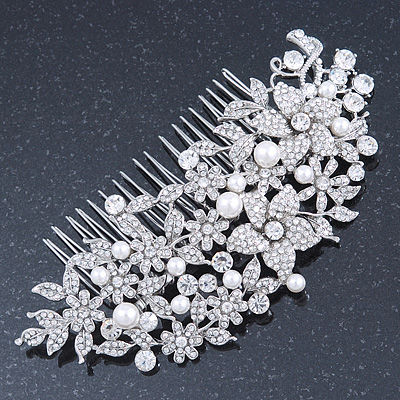Statement Bridal/ Wedding/ Prom/ Party Rhodium Plated Clear Austrian Crystal, Glass Pearl Floral Side Hair Comb - 12cm Width - main view