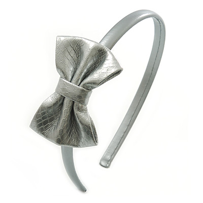 Thin Metallic Silver Faux Leather With Side Textured Bow Alice/ Hair Band/ HeadBand