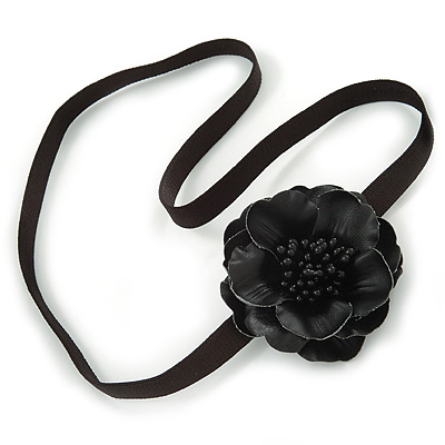 Black Leather Poppy Flower Elastic Headband/ Headwrap - main view