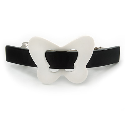 Black/ White Acrylic Butterfly Barrette Hair Clip Grip (Silver Tone) - 90mm Across - main view