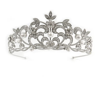 Statement Bridal/ Wedding/ Prom Rhodium Plated Austrian Crystal, Glass Pearl Leaf Tiara - main view