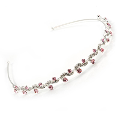 Bridal/ Wedding/ Prom Rhodium Plated Clear/ Pink Crystal Tiara Headband - main view