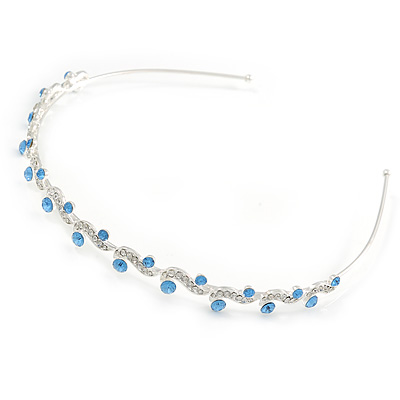 Bridal/ Wedding/ Prom Rhodium Plated Clear/ Sky Blue Crystal Tiara Headband - main view