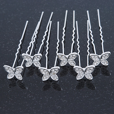 Bridal/ Wedding/ Prom/ Party Set Of 6 Rhodium Plated Crystal 'Butterfly' Hair Pins - main view