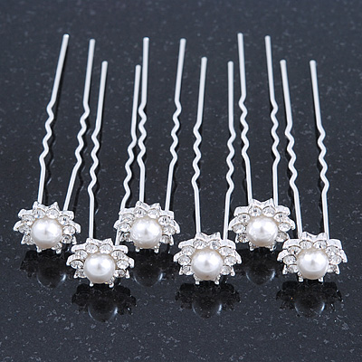 Bridal/ Wedding/ Prom/ Party Set Of 6 Rhodium Plated Crystal Simulated Pearl Flower Hair Pins - main view