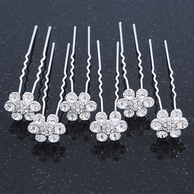 Bridal/ Wedding/ Prom/ Party Set Of 6 Clear Austrian Crystal Daisy Flower Hair Pins In Silver Tone - main view