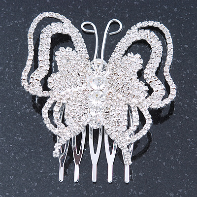 Bridal/ Prom/ Wedding/ Party Rhodium Plated Clear Austrian Crystal Butterfly Side Hair Comb - 55mm W - main view
