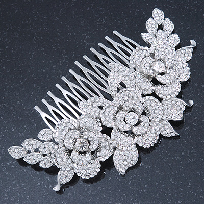 Oversized Bridal/ Wedding/ Prom/ Party Rhodium Plated Clear Crystal Triple Rose Floral Hair Comb - 110mm - main view