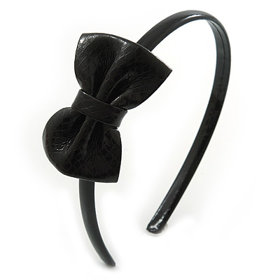 Thin Black Faux Leather With Side Textured Bow Alice/ Hair Band/ HeadBand