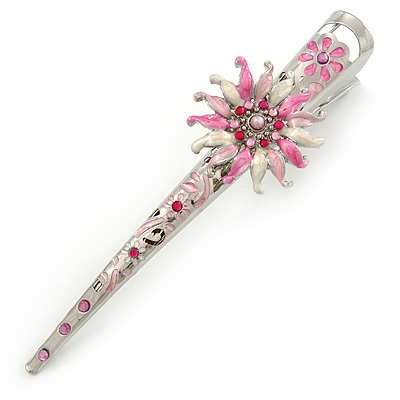 Silver Tone Pink/ Cream Enamel Flower Hair Beak Clip/ Concord Clip  - 13cm Across - main view