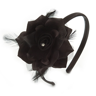 Thin Black With Side Silk & Feather Rose Flower Alice/ Hair Band/ HeadBand - main view