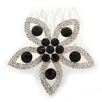 Bridal/ Prom/ Wedding/ Party Rhodium Plated Clear/ Black Austrian Crystal Flower Side Hair Comb - 55mm W