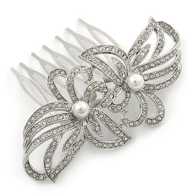 Bridal/ Wedding/ Prom/ Party Rhodium Plated Clear Crystal, Simulated Pearl Double Flower Hair Comb - 75mm - main view