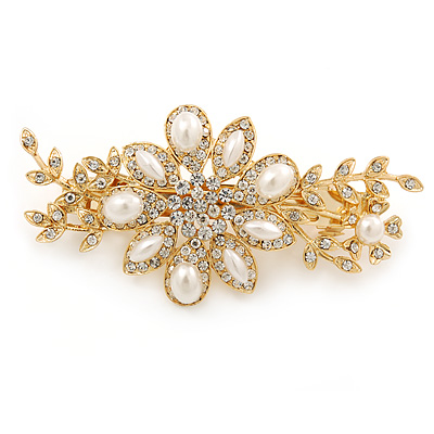 Gold Tone, Clear Crystal Floral Barrette Hair Clip Grip - 80mm Across