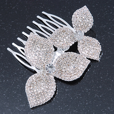 Bridal/ Prom/ Wedding/ Party Rhodium Plated Clear Austrian Crystal Two Flower Side Hair Comb - 8cm Width - main view
