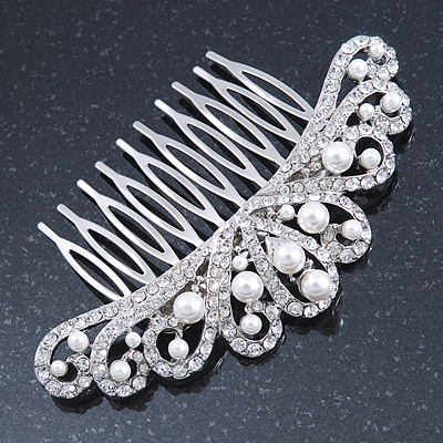 Bridal/ Wedding/ Prom/ Party Rhodium Plated Clear Austrian Crystal, White Simulated Pearl Crown Hair Comb - 95mm - main view