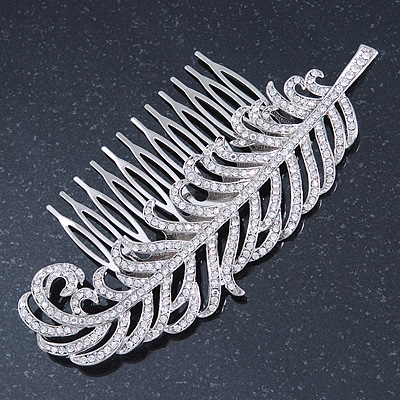 Bridal/ Prom/ Wedding/ Party Rhodium Plated Clear Austrian Crystal Feather Side Hair Comb - 12cm W - main view