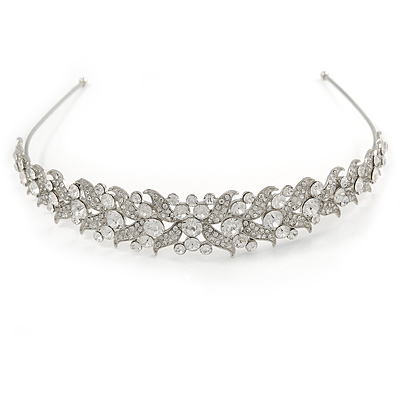 Wide Bridal/ Wedding/ Prom Rhodium Plated Clear Austrian Crystal Leaf Tiara Headband - main view