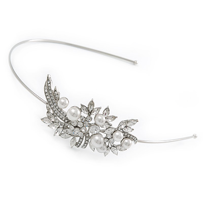 Bridal/ Wedding/ Prom Rhodium Plated White Glass Pearl, Crystal Tiara Headband - main view