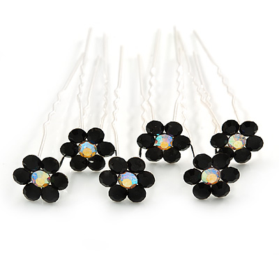 Bridal/ Wedding/ Prom/ Party Set Of 6 Black Austrian Crystal Daisy Flower Hair Pins In Silver Tone - main view
