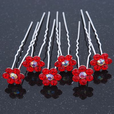 Bridal/ Wedding/ Prom/ Party Set Of 6 Red Austrian Crystal Daisy Flower Hair Pins In Silver Tone