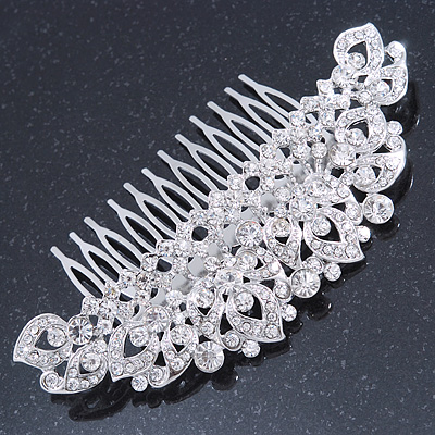 Statement Bridal/ Wedding/ Prom/ Party Rhodium Plated Clear Crystal Side Hair Comb - 110mm Across - main view