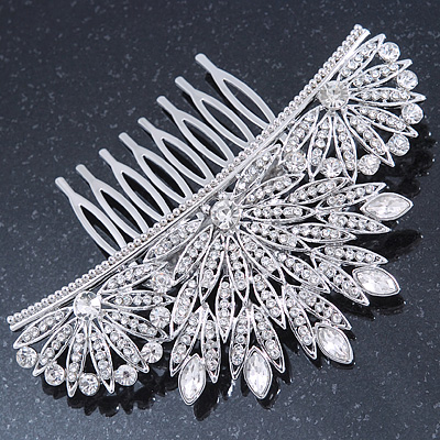 Bridal/ Prom/ Wedding/ Party Rhodium Plated Clear Austrian Crystal Floral Side Hair Comb - 100mm Aross - main view