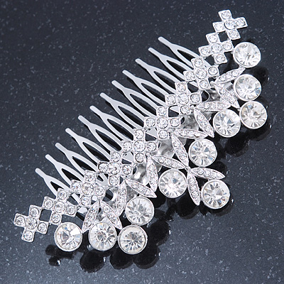 Statement Bridal/ Wedding/ Prom/ Party Rhodium Plated Clear Crystal Side Hair Comb - 100mm Across - main view