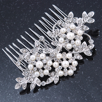 Bridal/ Wedding/ Prom/ Party Rhodium Plated Clear Crystal, Simulated Pearl Floral Hair Comb - 78mm Across - main view