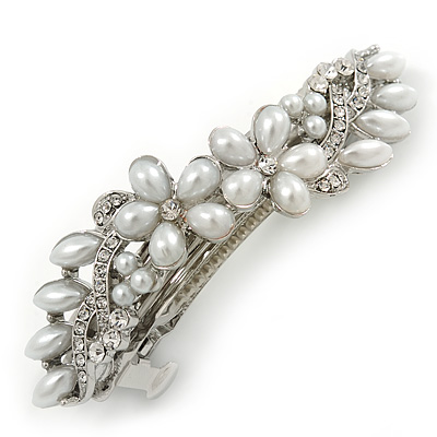 Bridal Wedding Prom Silver Tone Glass Pearl, Crystal Floral Barrette Hair Clip Grip - 85mm W - main view