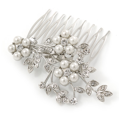 Bridal/ Wedding/ Prom/ Party Rhodium Plated Clear Austrian Crystal, Glass Pearl Triple Flower Hair Comb - 75mm - main view