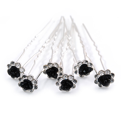 Bridal/ Wedding/ Prom/ Party Set Of 6 Clear Austrian Crystal Black Rose Flower Hair Pins In Silver Tone - main view