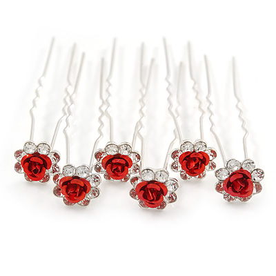 Bridal/ Wedding/ Prom/ Party Set Of 6 Clear Austrian Crystal Red Rose Flower Hair Pins In Silver Tone - main view