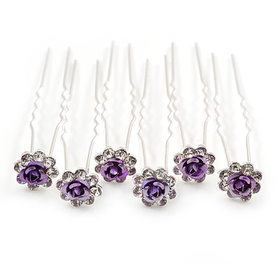 Bridal/ Wedding/ Prom/ Party Set Of 6 Clear Austrian Crystal Purple Rose Flower Hair Pins In Silver Tone - main view