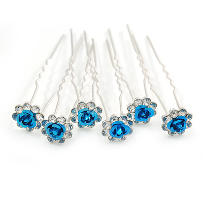 Bridal/ Wedding/ Prom/ Party Set Of 6 Clear Austrian Crystal Teal Blue Rose Flower Hair Pins In Silver Tone - main view