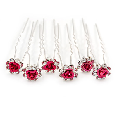 Bridal/ Wedding/ Prom/ Party Set Of 6 Clear Austrian Crystal Fuchsia Rose Flower Hair Pins In Silver Tone