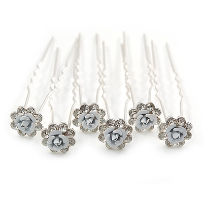 Bridal/ Wedding/ Prom/ Party Set Of 6 Clear Austrian Crystal White Rose Flower Hair Pins In Silver Tone - main view
