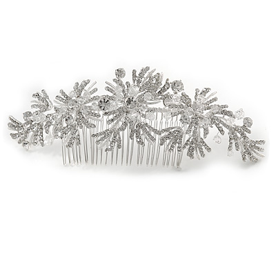 Statement Bridal/ Wedding/ Prom/ Party Rhodium Plated Clear Austrian Crystal Floral Side Hair Comb - 22cm W