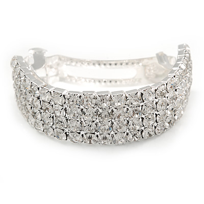 Bridal Wedding Prom Dome Shape Silver Tone Clear Crystal Barrette Hair Clip Grip - 50mm W - main view