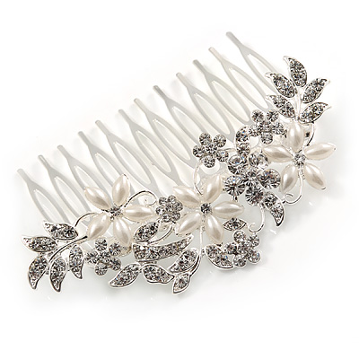Bridal/ Wedding/ Prom/ Party Rhodium Plated Clear Austrian Crystal, Faux Pearl Floral Hair Comb - 85mm - main view