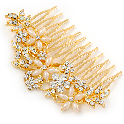 Bridal/ Wedding/ Prom/ Party Gold Plated Clear Crystal and Light Cream Simulated Pearl Floral Hair Comb - 85mm - main view