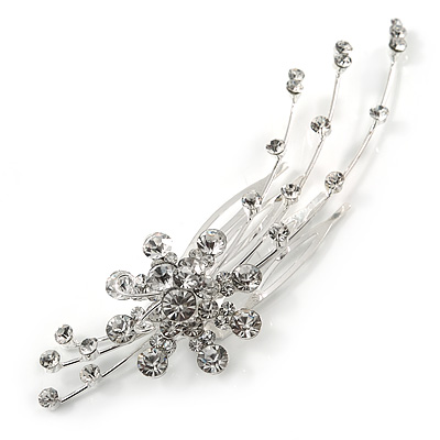 Bridal/ Wedding/ Prom/ Party Silver Tone Clear Austrian Crystal Floral Side Hair Comb - 11.5cm Across - main view