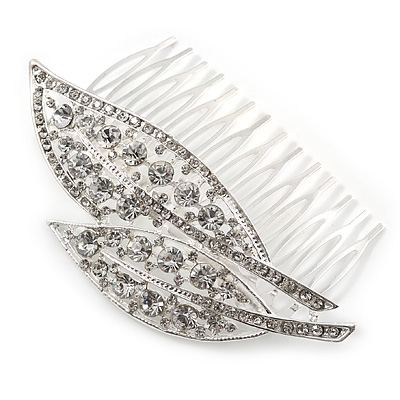 Statement Bridal/ Wedding/ Prom/ Party Rhodium Plated Clear Austrian Crystal Double Leaf Side Hair Comb - 95mm W