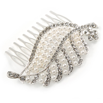 Clear Austrian Crystal, White Faux Pearl 'Leaf' Side Hair Comb In Rhodium Plating - 85mm - main view
