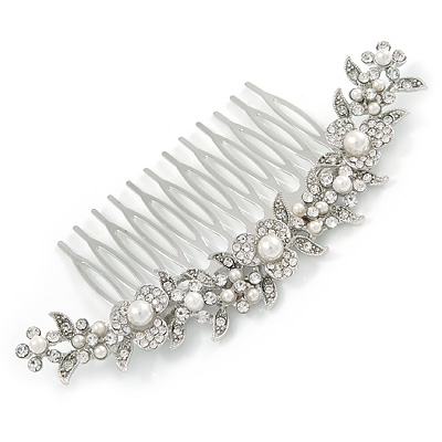 Large Bridal/ Wedding/ Prom/ Party Rhodium Plated Clear Austrian Crystal, White Simulated Pearl Floral Hair Comb - 110mm - main view