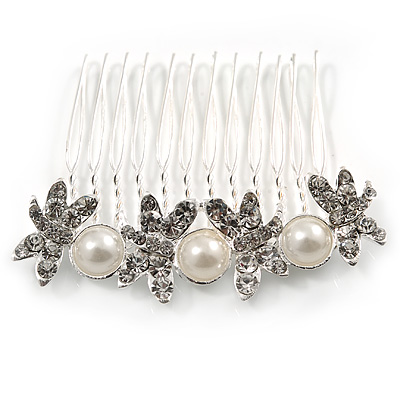 Medium Bridal/ Prom/ Wedding/ Party Rhodium Plated Faux Pearl, Clear Austrian Crystal Butterfly Side Hair Comb - 60mm Width - main view