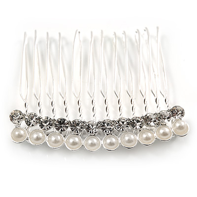 Small Bridal/ Wedding/ Prom/ Party Silver Tone Crystal Cream Faux Pearl Side Hair Comb - 50mm - main view