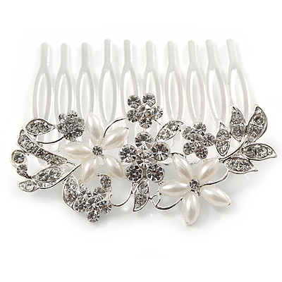Medium Bridal/ Wedding/ Prom/ Party Rhodium Plated Clear Austrian Crystal, Faux Pearl Floral Hair Comb - 60mm - main view
