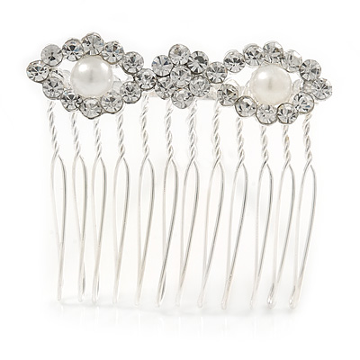 Mini Bridal/ Prom/ Party White Glass Pearl Crystal Flower Hair Comb In Silver Tone - 50mm Across - main view