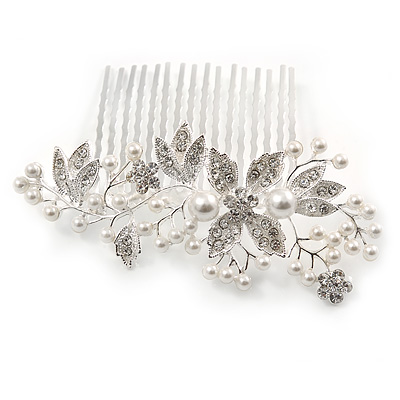 Bridal/ Wedding/ Prom/ Party Rhodium Plated Clear Austrian Crystal Glass Pearl Floral Side Hair Comb - 90mm - main view